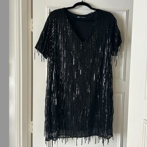 ZARA Black Fringe Sequin Dress | V-Neck | Size M | New